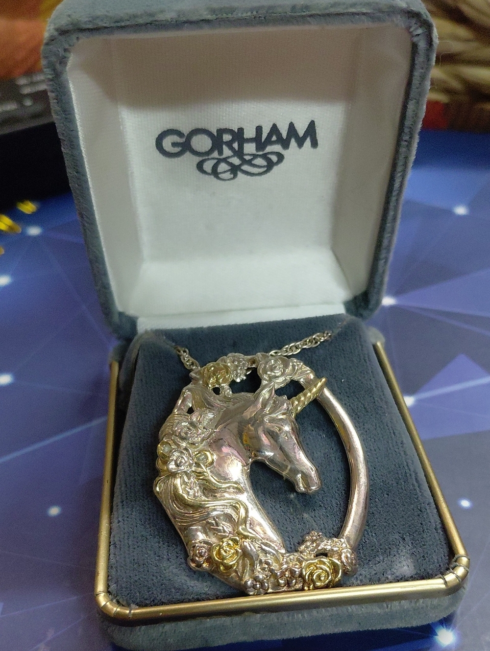 Gorham Two-Tone 925 Silver and Gold Unicorn Pendant Necklace Original Box